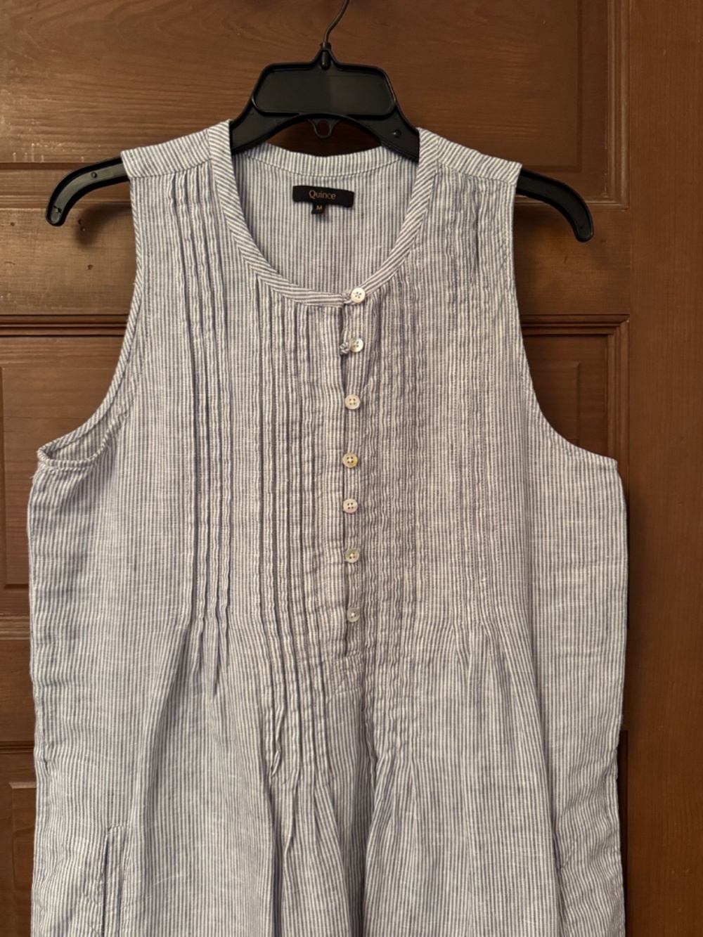 Quince European Linen Sleeveless Swing Dress M Blue Pinstripe Pleated Coastal - Picture 5 of 6